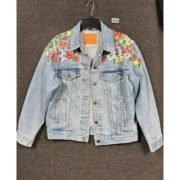 Levi's Premium Jacket BiG E Womens M Blue Denim Floral Embroidered Trucker Coat - Picture 1 of 10